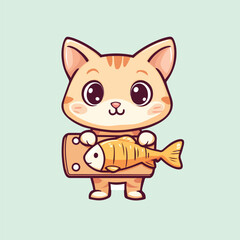 Cute cartoon cat with big eyes holding a fish vector illustration