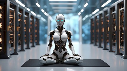 A sleek, futuristic robot with a round head and large,