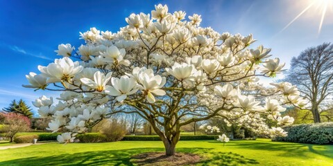 White Magnolia Tree Blooms In Garden Under Sunny Sky, blooming, magnolia,...