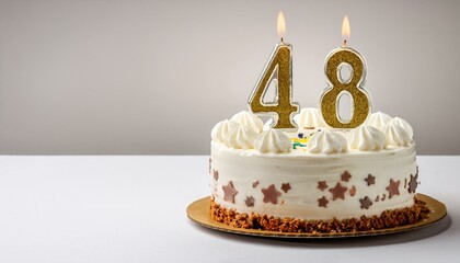 Decorated gold cake for birthday or anniversary party, candle number 48, white background