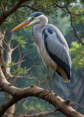 Fototapeta premium Grey heron perched on a tree branch holding a large fish in its beak, nature, bird of prey, grey heron