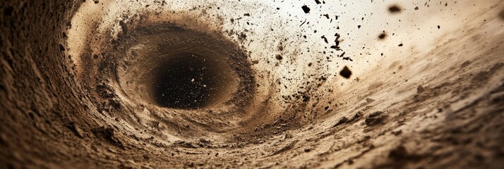 A close-up of swirling dirt and debris inside a tornado funnel