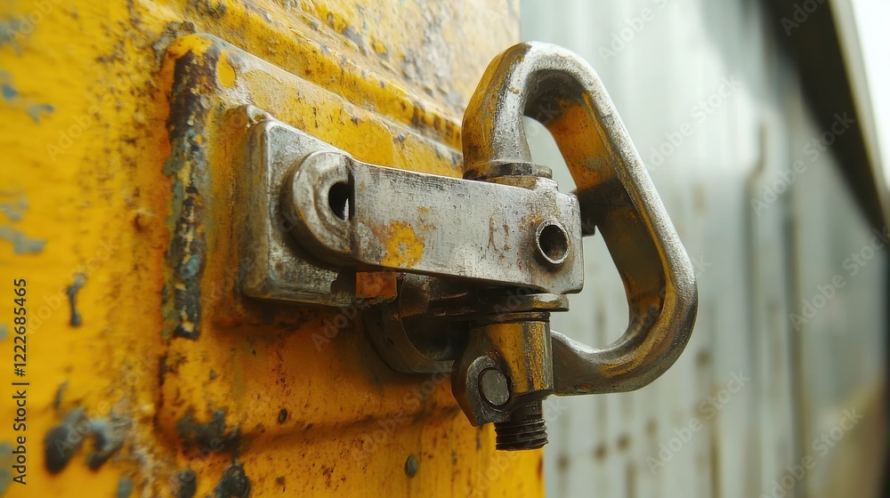 Poster close-up of a weathered metal latch on a yellow container, showcasing rust and texture details