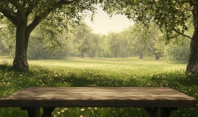 Naklejka premium Green spring meadow, in the foreground a wooden table