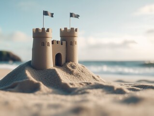 A whimsical sandcastle with towers and a coastal backdrop sits on the sandy shore. The bright day and intricate details highlight artistry and relaxation by the sea.