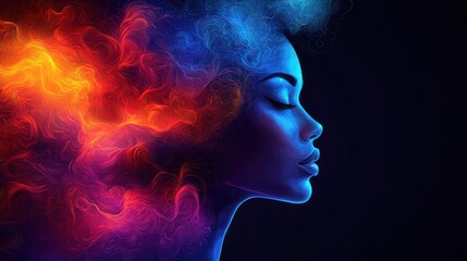 Obraz premium Serene Digital Art: Woman's Profile with Colorful, Abstract Hair