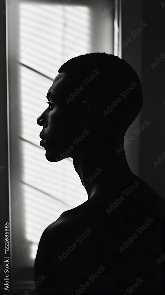 Poster profile view of a young man standing in front of a window with light streaming through blinds in a m