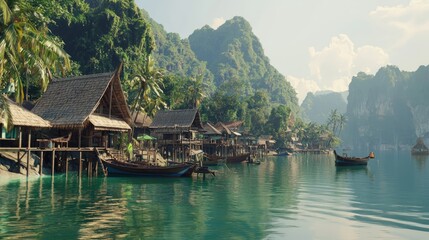 Fototapeta premium Serene Coastal Fishing Village with Traditional Thai Architecture and Bright Boats Moored in Cinematic Scene
