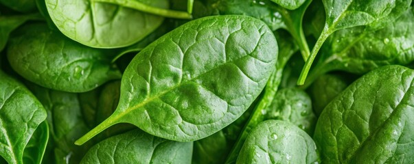 Fresh green spinach leaves with water droplets