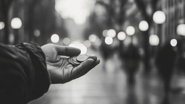 A hand outstretched, holding a few coins, on a blurred city street background.