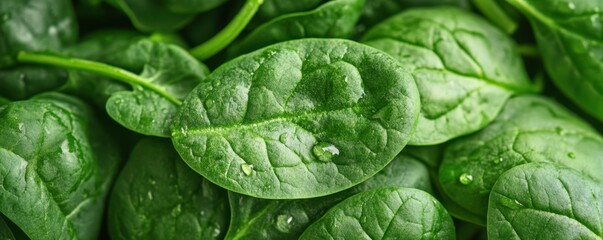 Obraz premium Fresh spinach leaves with water droplets on vibrant green background