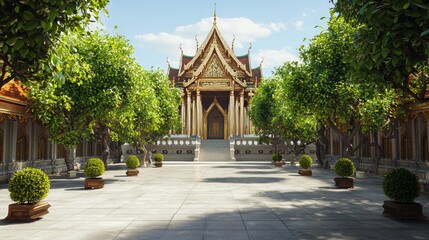 Obraz premium Serene Courtyard with Ornate Chedi and Lush Orchards - Ultra-Detailed Thai Architecture Cinematic Scene