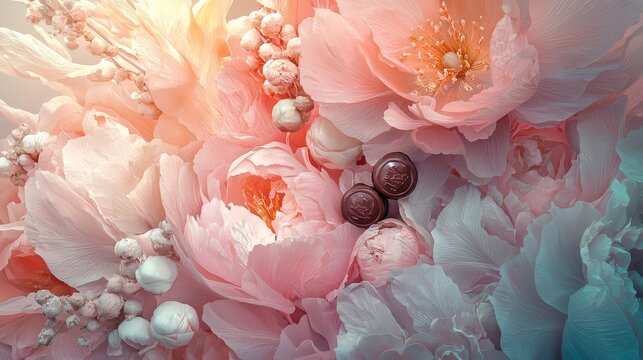 Dreamy floral arrangement in pastel shades with chocolates nestled among petals, surreal atmosphere, soft light fantasy art style