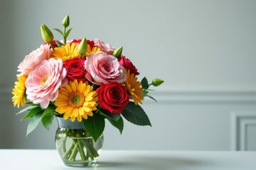 Fototapeta premium A lush bouquet of mixed flowers in a elegant holder, photography, mixed