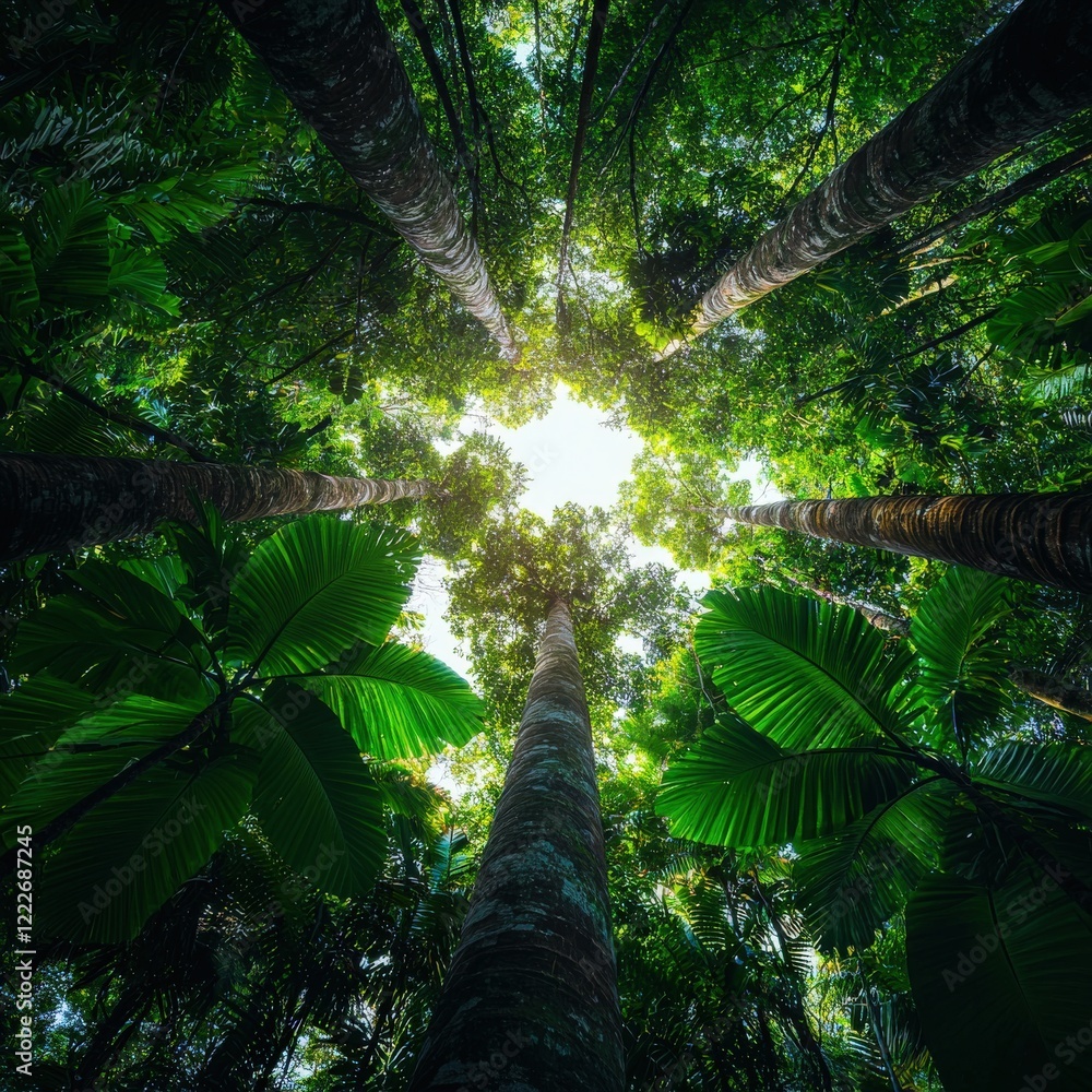 Poster low angle of towering rainforest trees with cascading waterfalls in the distance.