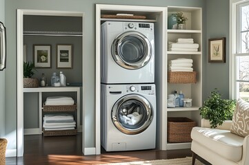 A laundry nook built into a closet, featuring a stackable washer and dryer and pull-out storage for laundry essentials