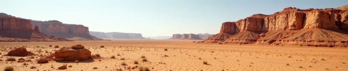Brown dry soil and rocky outcrops in a desert landscape, dry earth, desert rocks, desert geology
