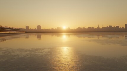 Fototapeta premium Serene Sunrise Over Urban Skyline Reflected in Calm Water with Soft Golden Hues