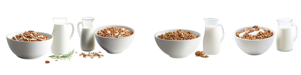Vector Illustration of Granola Bowls with Milk on a White Background in Stitched Style