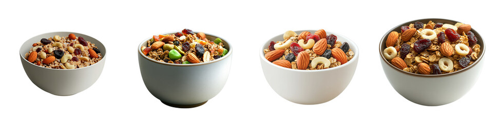 Vector Illustration of Four Diverse Bowls of Granola with Nuts, Fruits, and Seeds on a Transparent Background