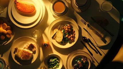 Dinner table, food, warm light, overhead view, delicious meal