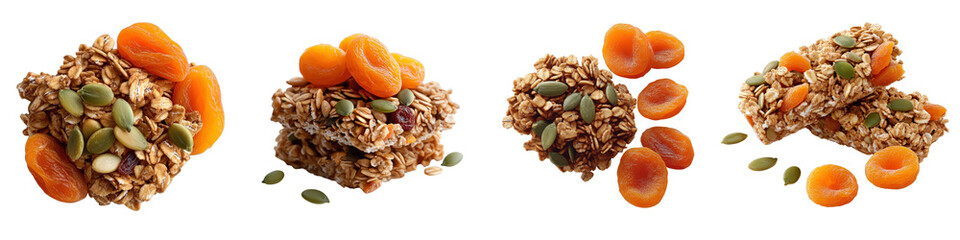 Detailed Vector Illustration of Granola Clusters with Dried Apricots and Pumpkin Seeds in a Stitched Style