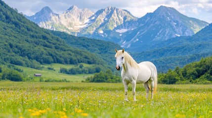 White horse in mountain meadow, wildflowers, scenic view, idyllic pasture, nature photography