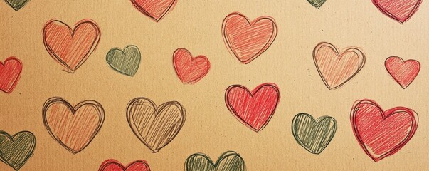 Hand-drawn heart pattern on cardboard background art