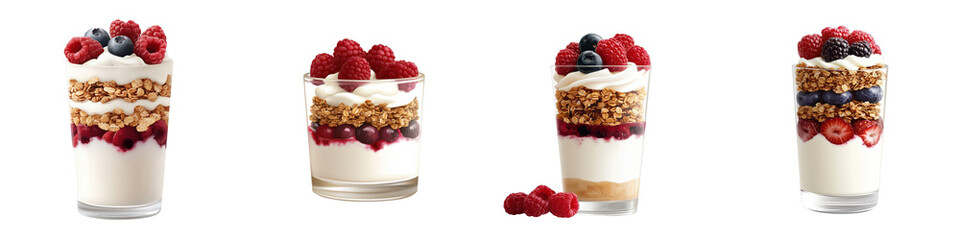 Colorful Granola Parfait Illustrations in Vector Style Featuring Fresh Berries and Creamy Layers on a White Background