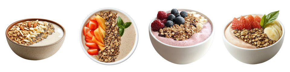 Vector Illustration of Granola Topping Styled Bowls with Fruits and Yogurt for Healthy Breakfast Design