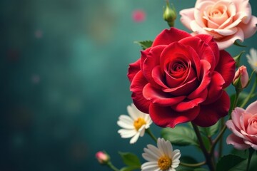 A red rose with a heart-shaped center surrounded by pastel-colored flowers and greenery, roses, love gift