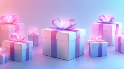 Elegant gift boxes wrapped in heart-themed paper with discount tags, futuristic design, holographic glow, pastel colors, digital art