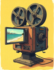 Naklejka premium Classic Film Projector with a Beach or City Scene – Vintage Photography in Soft Hues