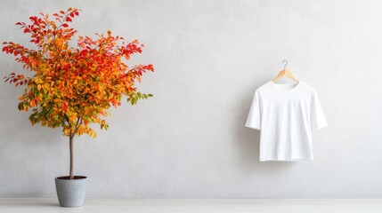 Autumnal room, white t-shirt mockup, plant, minimalist design, lifestyle blog