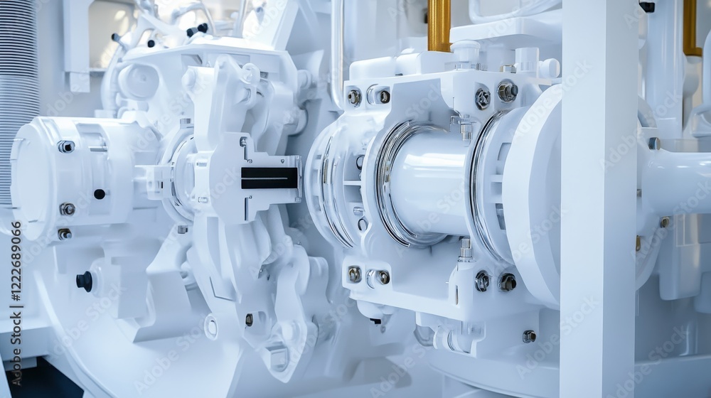 Poster close-up view of intricate machinery components showcasing precision engineering in a clean environm