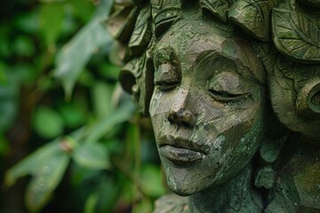 Fototapeta premium Close up of a serene stone face sculpture in a lush green garden setting