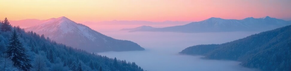 Fototapeta premium Foggy mountains at dawn with misty snowflakes, snowy, serene, frosty