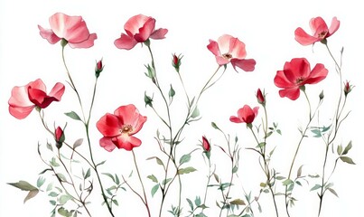 Delicate rose flower clipart with thin red petals and green stem, summer, blossoms, garden flowers