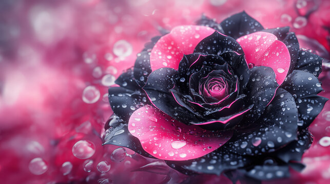 black & pink rose with abstract water droplets