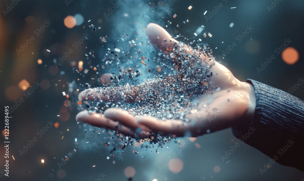 Poster hand disintegrating into pixel particles