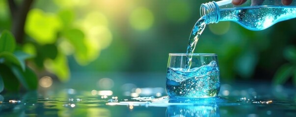 Gentle blue waters flowing from a glass bottle into a tranquil scene, empty space, water pouring