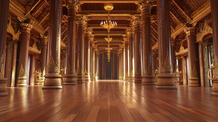 Obraz premium Elegance in Thai Architecture: Candelabra-Adorned Temple Interior with Intricate Teak Beams and Subdued Gold Accents