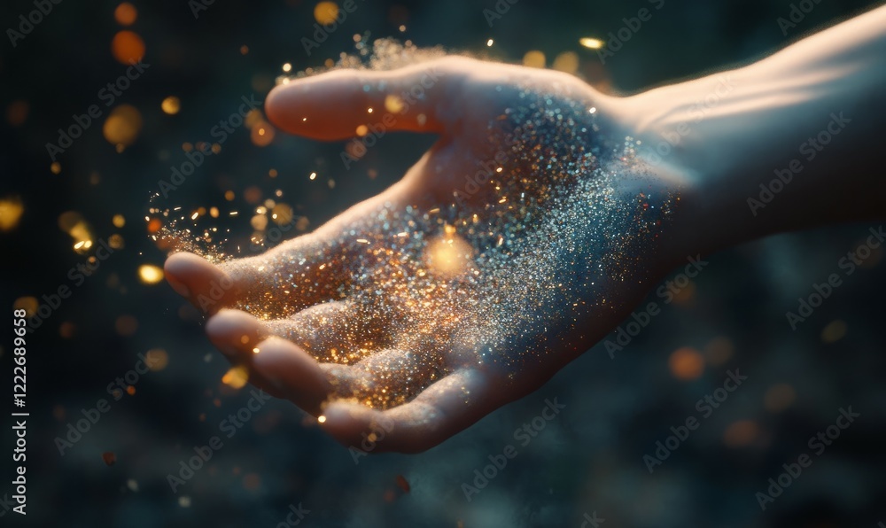 Poster hand disintegrating into pixel particles
