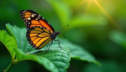 Fototapeta premium Beautiful monarch butterfly perched on a leaf,, nature, green