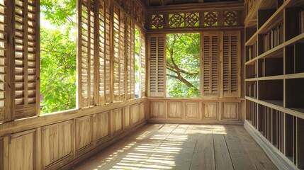 Tranquil Sanctuary: Serene Monastery Library with Carved Teak Shutters in Thai Architecture Capturing the Essence of Calmness and Knowledge