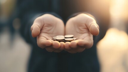 Close-up of hands holding a few coins, signifying poverty or need.