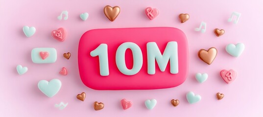 3D Render 10 Million Celebration With Hearts And Love Letters On Pink Background, Social Media Post