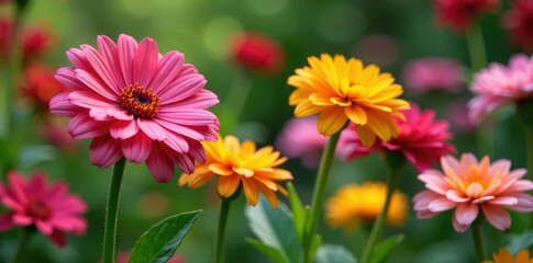 Gerbera flowers in a garden with other plants, floral, nature, landscape