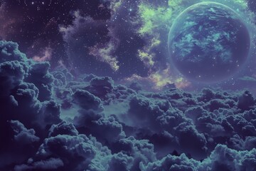 Fantasy cloudscape with an earth like exoplanet rising over a beautiful purple and green nebula