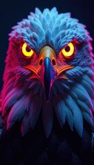 Fototapeta premium Close-up of a neon eagle's face with big, glowing eyes and vibrant plumage, fantasy, avian